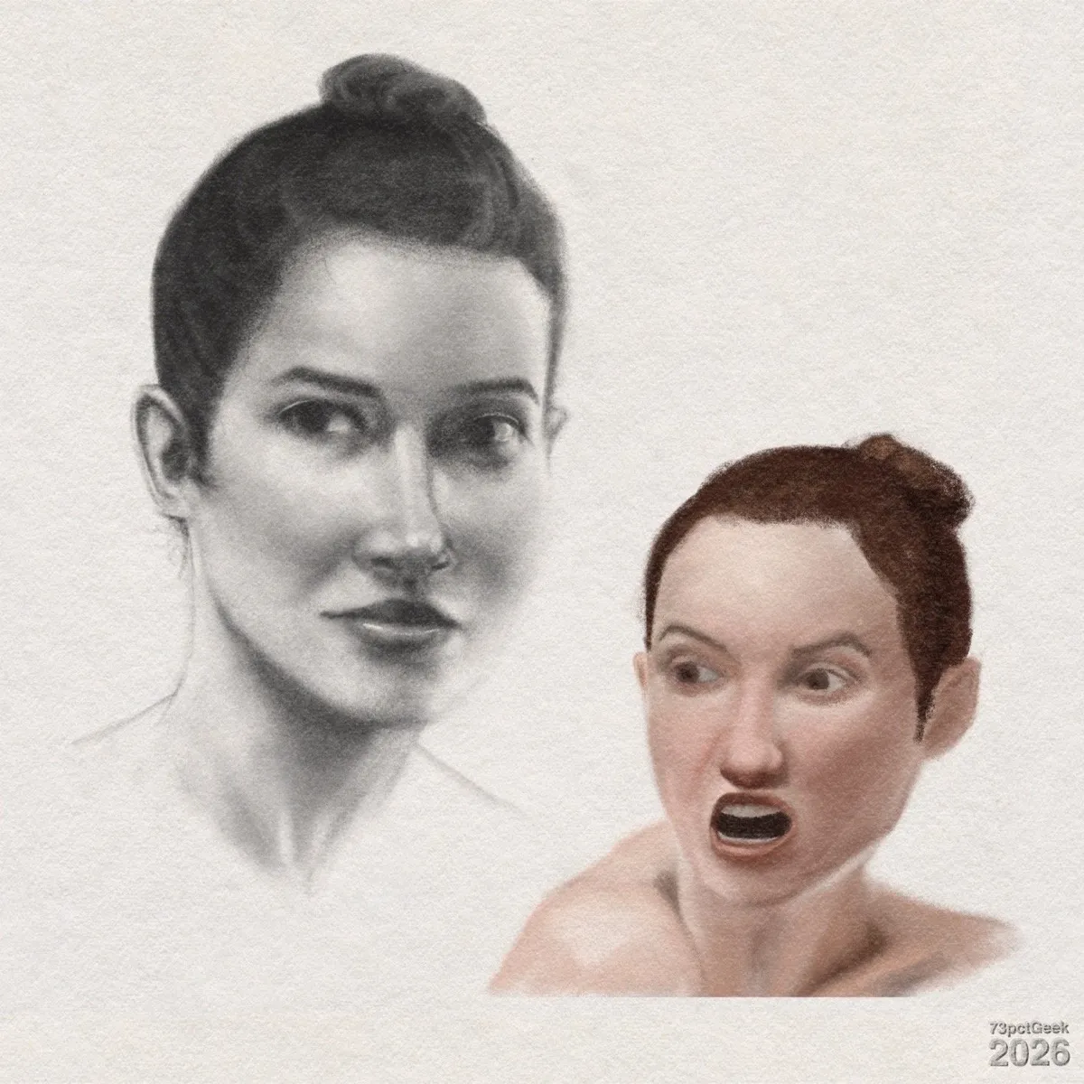 Two portraits of the same light‑skinned woman with her dark brown hair in a tight bun. A digital graphite sketch on the left is a softly shaded head‑and‑neck study in three‑quarter view. She has a neutral expression, with her eyes looking to her right and her mouth closed. On the right is a colour portrait focused more closely on the face and upper shoulders; her skin is flushed, her eyes are wide and directed slightly left, her mouth is open in a shout showing upper and lower teeth and a dark interior, creating a stronger expression. Watermarked: 73pctGeek 2026