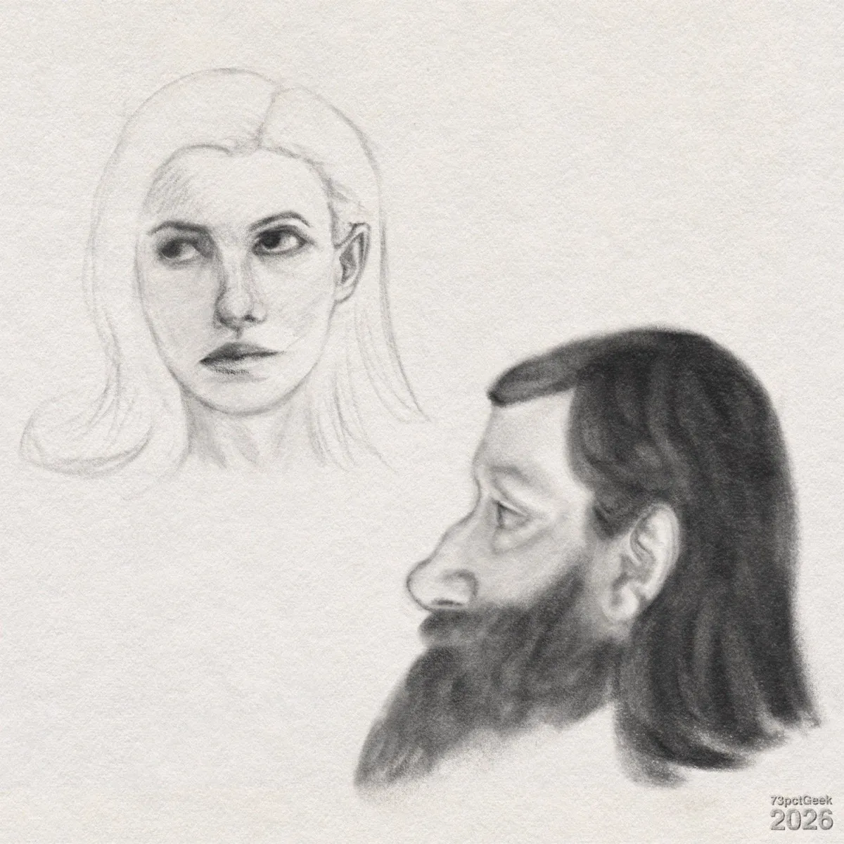 Digital graphite sketches of two heads. Top left is a front-facing head of a light-skinned woman with long, straight hair that falls past her neck on both sides. Her features are softly shaded, with dark, focused eyes looking slightly to her right, full lips in a neutral expression, and a narrow nose. To the right is a profile view of a light-skinned man facing left. He has a long, prominent nose, pronounced brow and cheekbones, and a full, dark beard that covers his jaw, chin, and upper neck. His hair is dark, straight, and reaches to about shoulder length. The ear is clearly defined, and the eye is rendered with subtle shading, giving a calm, thoughtful expression. The lower edge of the neck and beard fades softly into the paper without a full outline. Watermarked: 73pctGeek 2026.