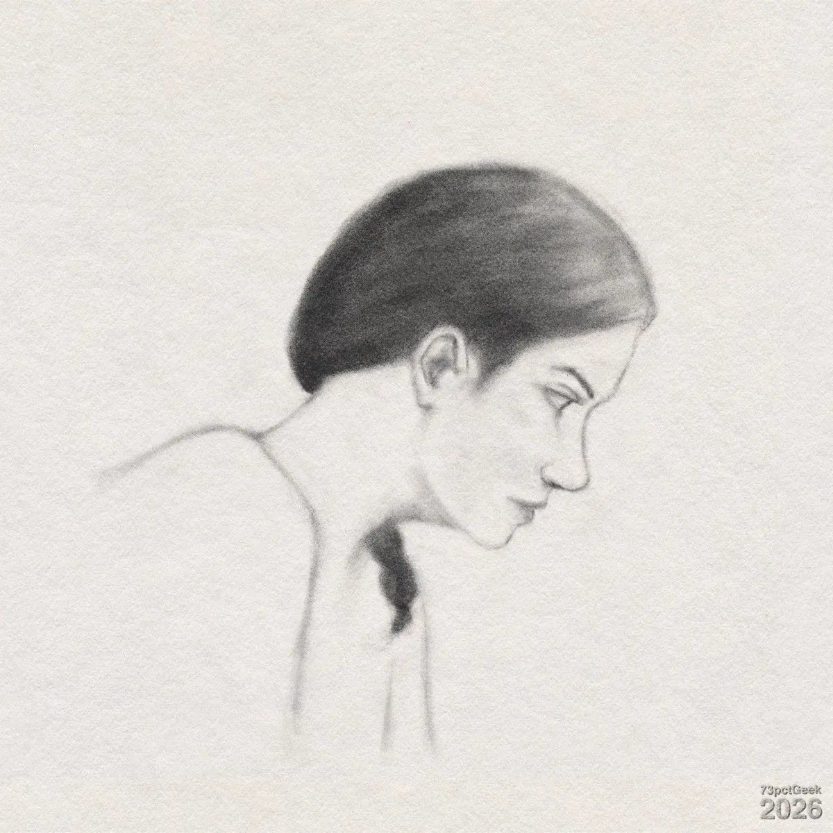 Digital graphite sketch of a woman with a long neck and a slightly downward-tilted head in profile. She has a straight nose, closed lips, and a calm, inward-focused expression. Her dark hair is smoothed back and gathered low behind her head, with a short braid hanging down the back of her neck. Her shoulders and upper torso are only lightly sketched and fade into the background. Watermarked: 73pctGeek 2026.