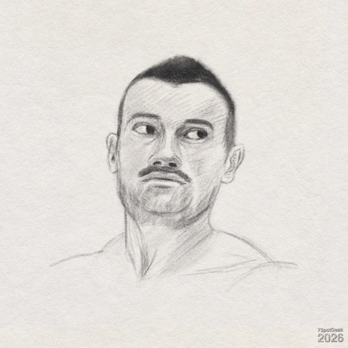 Digital graphite sketch of a man’s head and upper shoulders. He’s shown from the chest up, facing slightly left, with his eyes turned sharply to his right as if glancing sideways. He has a short, dark, close-cropped haircut with a subtle fauxhawk peak at the top and short sides. His eyebrows are dark and straight, and he has a straight nose, a narrow moustache above his upper lip, and some light stubble on his chin and jawline. His lips are closed and slightly pursed. Shading defines the cheekbones, hollows of the cheeks, and the planes of the forehead, with cross-hatching in the shadowed areas. He has a muscular neck with visible tendons and soft shading at the base; the shoulders fade out. Watermarked: 73pctGeek 2026