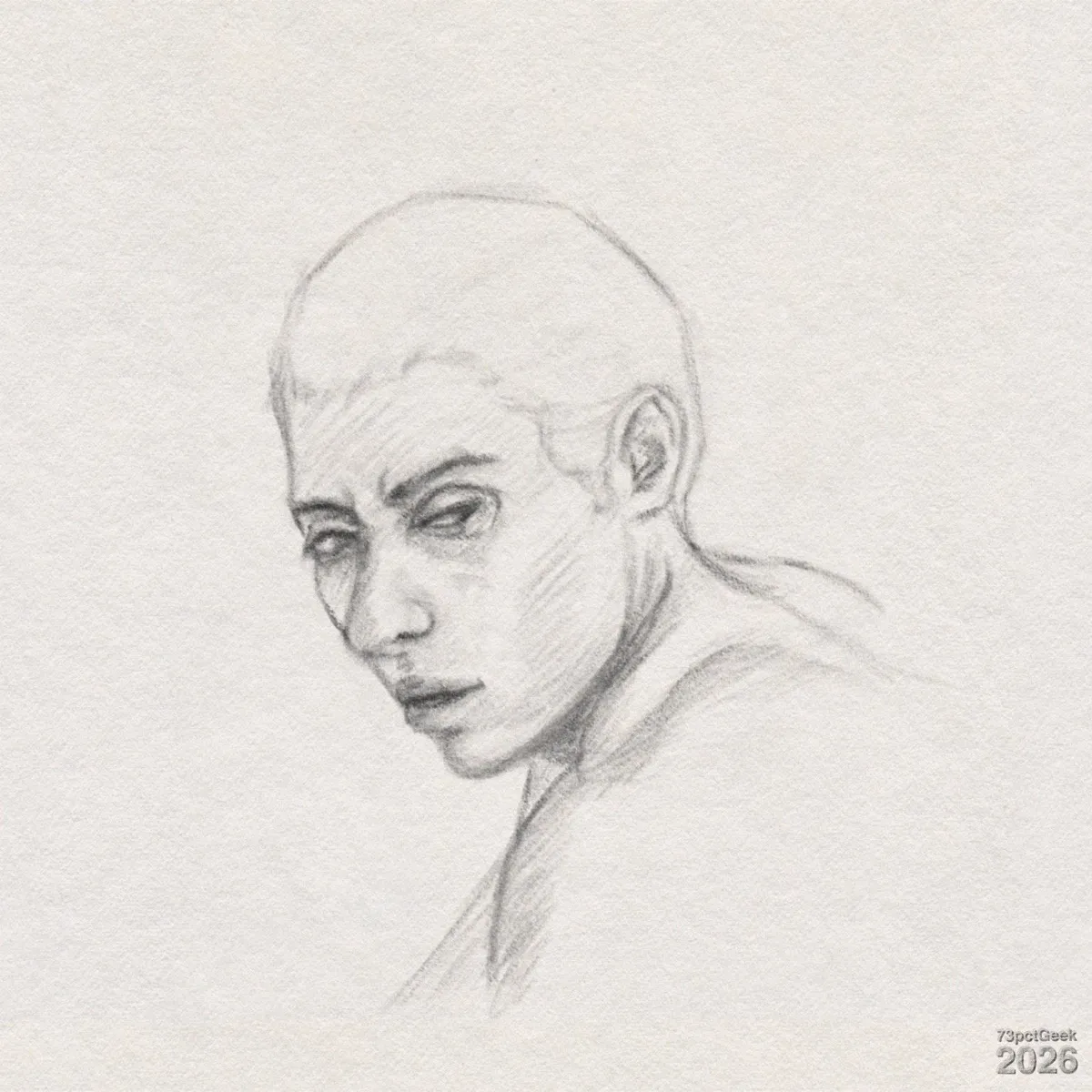 Digital graphite sketch of a man’s head and upper shoulders turned slightly sideways. He has cropped hair, strong brows, narrow, half-lidded eyes, a straight nose, and full lips. Shading along the cheekbones, under the eyes, and at the jawline suggests a lean face. The ear is clearly outlined, and light shading indicates the neck muscles and the top of one shoulder, with the rest of the body fading gradually into the background. Watermarked: 73pctGeek 2026.