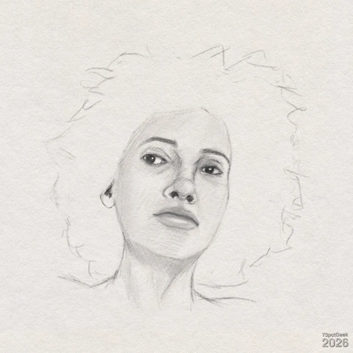 Digital graphite sketch of a woman with medium-dark skin tone. She is shown from slightly below, her eyes are detailed and looking slightly to the side. She has a broad nose with subtle shading around the bridge and nostrils. Her lips are full and closed, with soft shading defining their shape. Loose, curly hair surrounds the head in a rough outline, with lighter, sketchy lines suggesting volume rather than detailed strands. Her neck is long and shaded to indicate form, fading out towards the shoulders and chest. Watermarked: 73pctGeek 2026. 