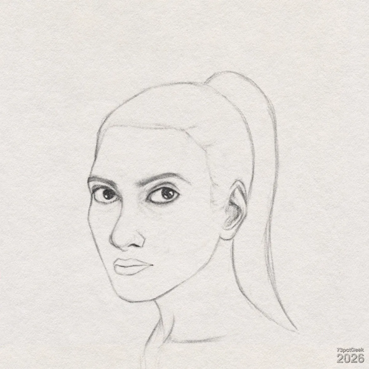 Digital graphite sketch of a young woman’s face and neck in three-quarter view. She has large, dark eyes, full, dark brows, and there is faint shading around the eye sockets. Her nose is slender, and her lips are full but closed, with a neutral, serious expression. Her jawline is smooth and somewhat angular, tapering to a narrow chin, and she has a long, slim neck. Her hairline is sketched lightly and pulled back into a high ponytail; the outline of it curving down behind her head and along the back of her neck. Watermarked: 73pctGeek 2026

