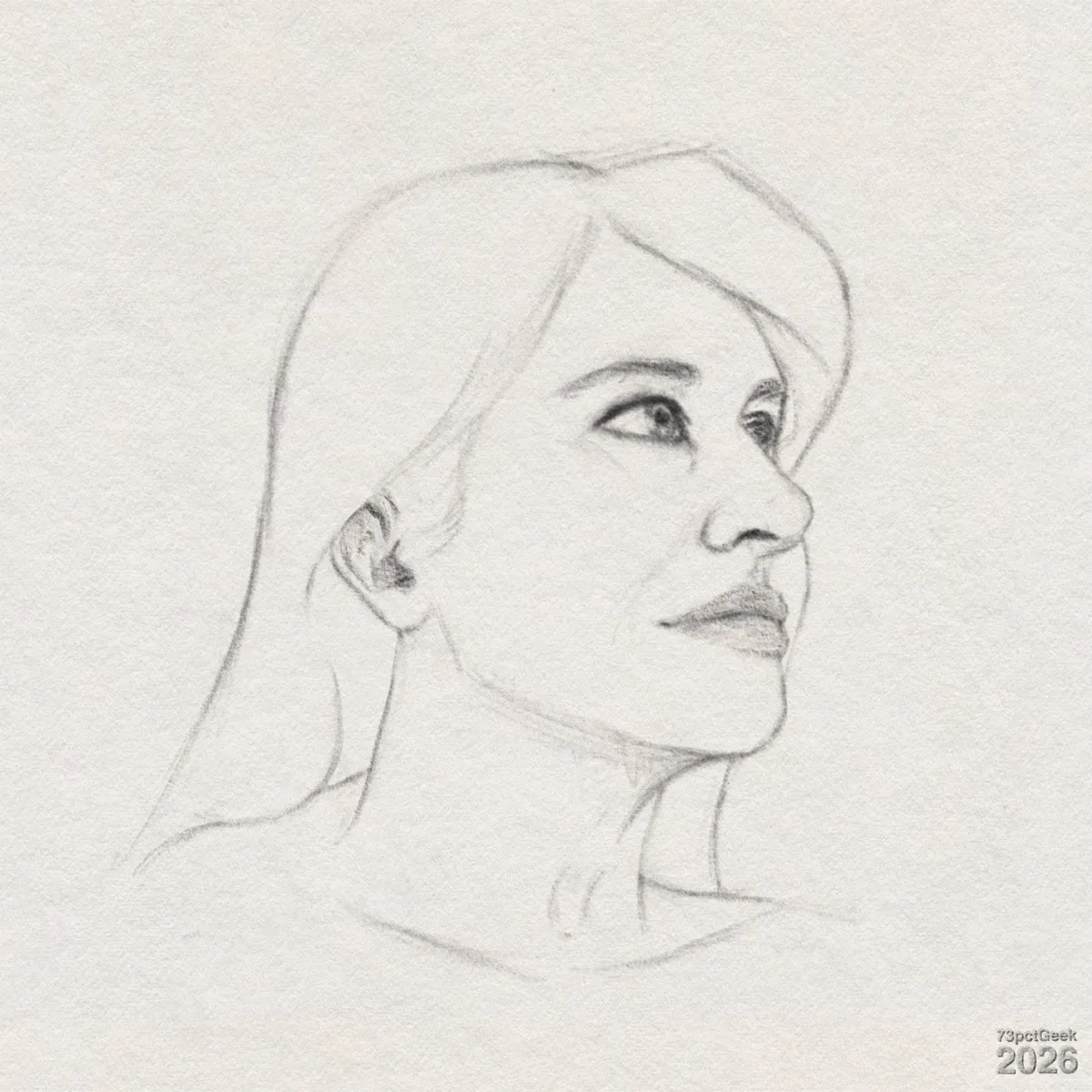 Digital graphite sketch of a woman’s head and neck in three-quarter view, facing towards the right and slightly upwards. Her features are lightly sketched, and she has long, straight hair with a part on the right. The visible eye has an attentive, upward gaze, and she has lightly arched brows. Her straight nose has a gently rounded tip and her full lips are closed. The visible ear has simple inner detailing and her slender neck has a few faint lines to suggest tendons and shadows. Watermarked: 73pctGeek 2026.