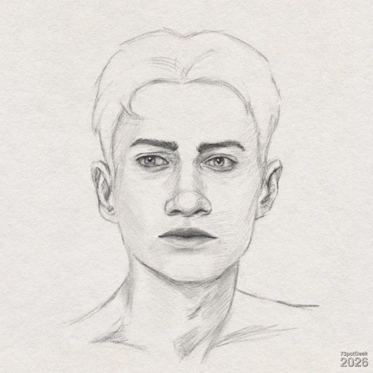 Digital graphite sketch of a young man’s face and upper shoulders. He is shown straight-on with a neutral expression and a closed mouth. His brows are thick, dark, and slightly angled, giving him a focused look. His nose is straight with subtle shading along the bridge and nostrils. His short hair is parted near the centre and sweeps back from his forehead. Both ears are visible, and overall shading defines cheekbones, jawline, and neck muscles. His shoulders are merely outlined and fade into the background. Watermarked: 73pctGeek 2026.