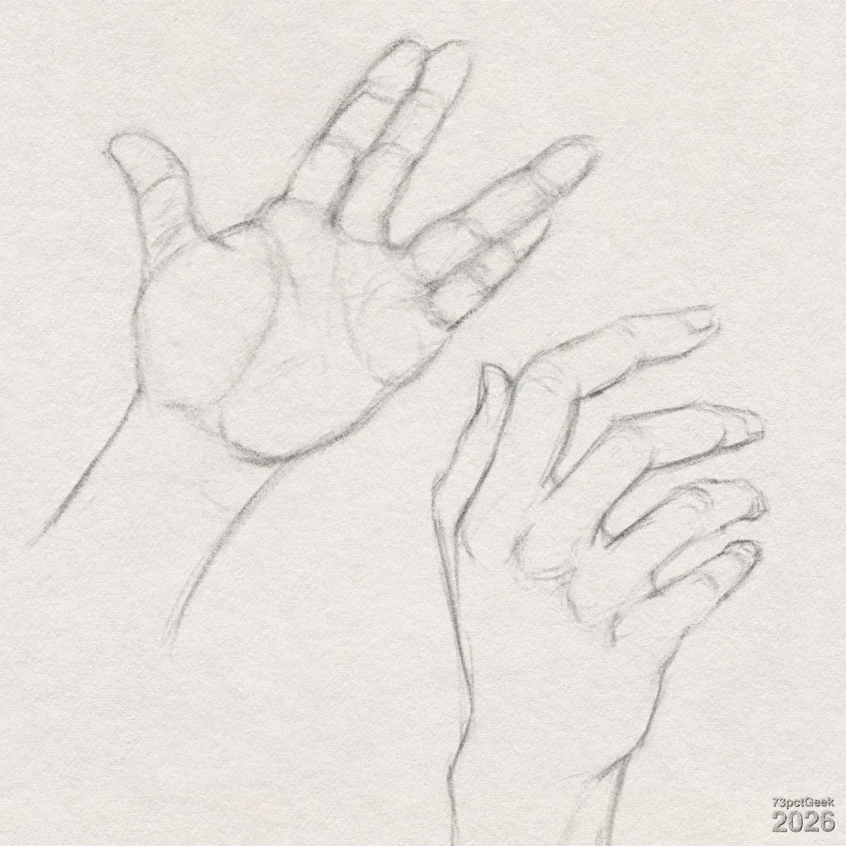Digital graphite sketch of two hands. The hand on the left is palm out in a Vulcan greeting. The hand on the right is palm in, with fingers in a relaxed pose. Watermarked: 73pctGeek 2026.