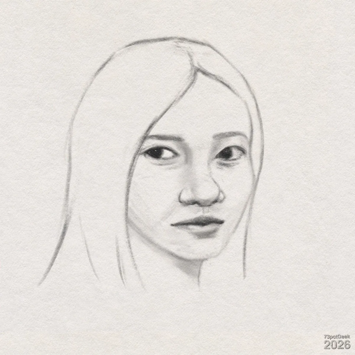 Digital graphite sketch of a young woman’s face. Her head is turned slightly rightward, and she is glancing sideways towards the left. She has long, straight hair that falls down both sides of her face. Her brows are softly arched, and the eyes are shaded with darker tones, giving depth. She has a small, rounded nose which is lightly shaded along the bridge and by the nostrils. Her mouth is closed in a neutral expression. Shading is minimal, mostly around the eyes, nose, and mouth. Watermarked: 73pctGeek 2026.