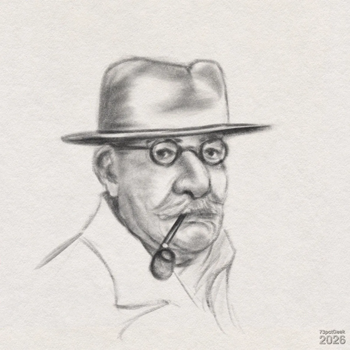 Digital graphite sketch of an older man in three-quarter view. He has a round face with pronounced cheeks, a prominent nose, and a neatly styled moustache that curves downward at the ends. He wears a wide-brimmed fedora-style hat tilted slightly forward. Round spectacles sit on his nose, and his gaze is directed towards the viewer. A curved smoking pipe is held between his lips, angled downward. He is dressed in a collared overcoat with simple, sketchy lines suggesting the shoulders and lapel. The shading is soft and smooth, giving volume to the hat, face, and coat. Watermarked: 73pctGeek 2026.