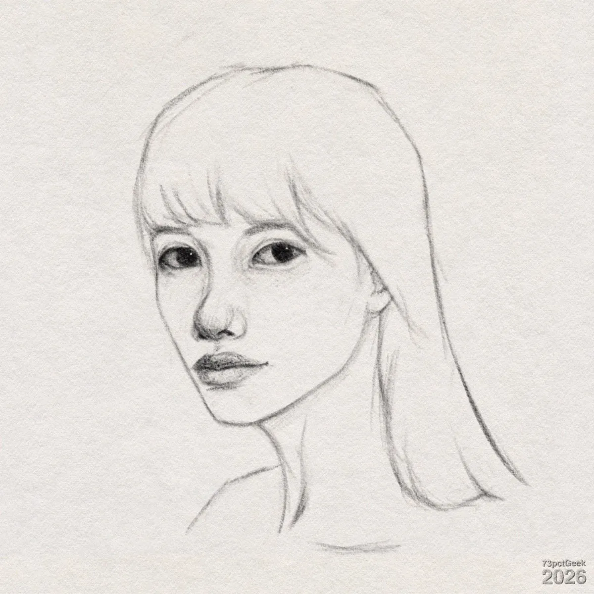 Digital graphite sketch of a young woman shown from the shoulders up, turned slightly to her left. Her skin is light, and soft shading along the cheeks, nose, and jawline gives a slight 3D form to her face. She has large, dark eyes and her brows are mostly hidden behind a fringe. She has a straight nose with a softly rounded tip, and her lips are full and slightly parted. Her long, straight hair falls behind her neck and shoulders. The slender neck has shaded lines suggesting tendons and gentle curves into the shoulders. Watermarked: 73pctGeek 2026.