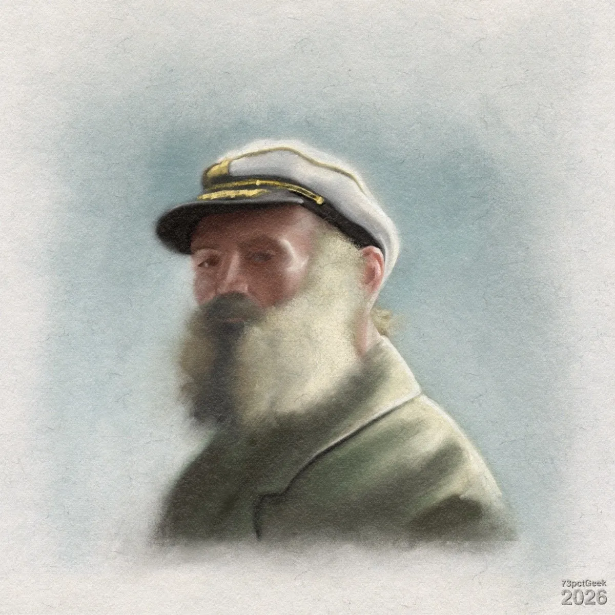 Digital painted portrait of an older man. He has light skin and a large, full beard that is mostly grey with darker tones near the centre. He’s wearing a white captain’s(?) hat with a black band, and gold trim and emblem above the visor. His coat is a muted olive with a simple collar and minimal detail. The style is soft and slightly blurred, with pastel-like shading and no sharp outlines, creating a somewhat dreamy effect. The background is an indistinct gradient of pale blue and grey. Watermarked: 73pctGeek 2026. 