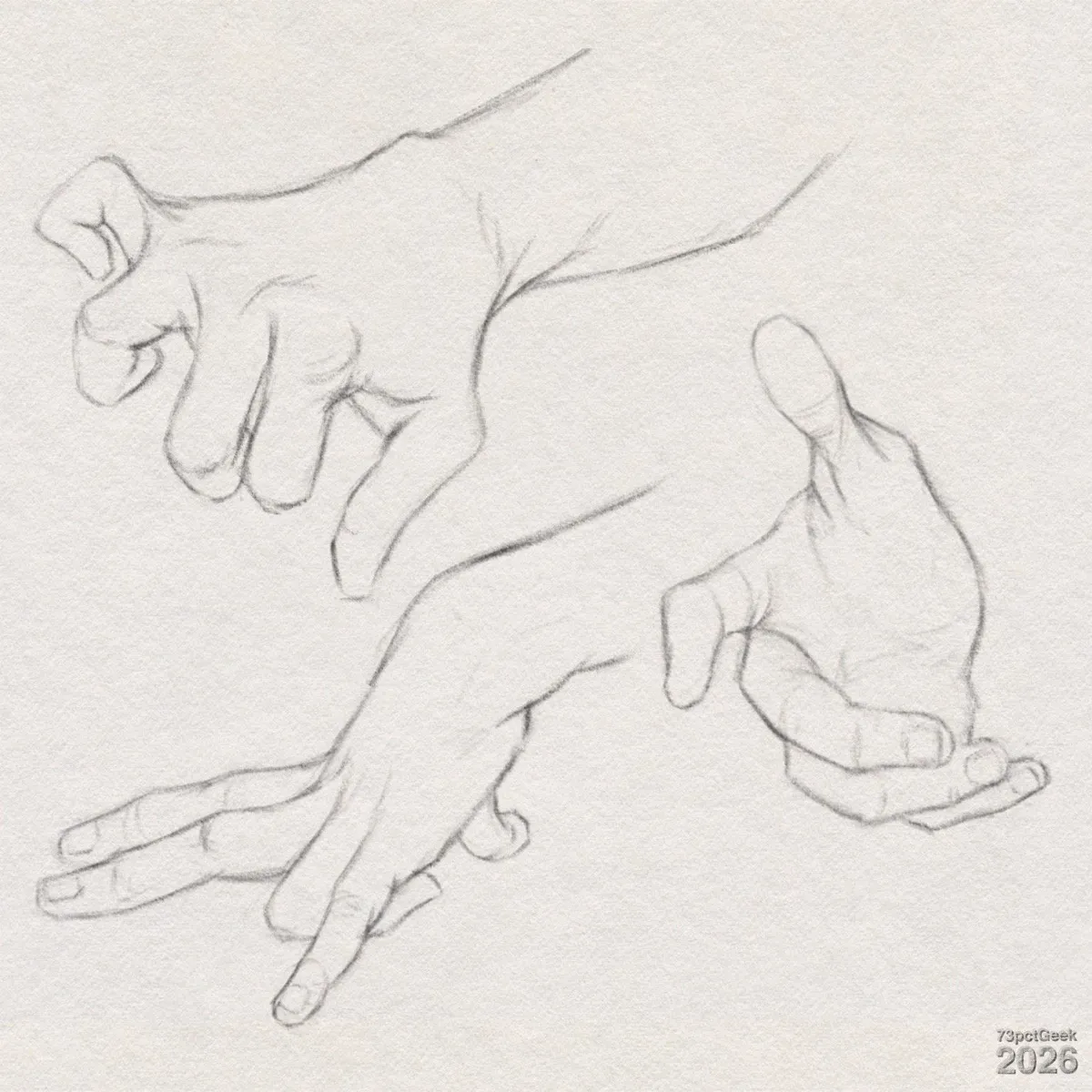 Digital graphite sketches of three human hands in different positions. The top left hand is seen palm down, with knuckles and joints indicated by soft lines. Beneath it is a hand stretched horizontally with two fingers extended and slightly apart, the remaining fingers bent under the palm, almost as though it is making a walking motion. On the right, a third hand is drawn palm up, and seen from an angle, thumb extended upward and fingers loosely bent, giving an open, gesturing feel. All three drawings appear to focus on contour and anatomy. Watermarked: 73pctGeek 2026.