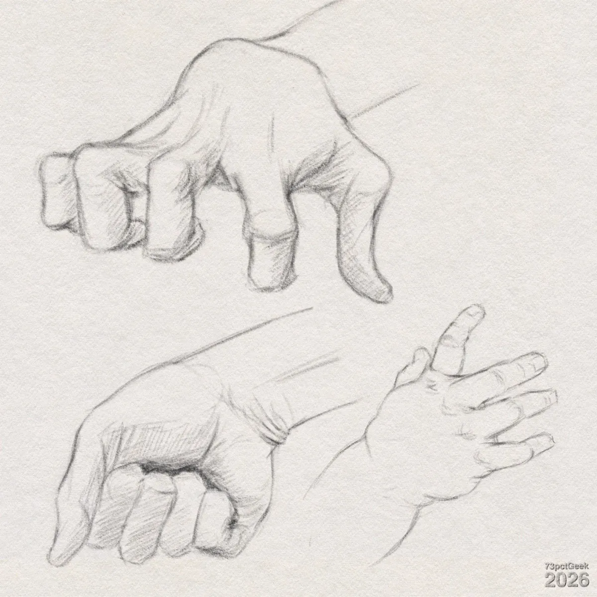 Digital graphite sketches of three different hands in various positions. At the top, a hand is drawn foreshortened from above, with fingers tightly bent. The thumb extends farther to the right, slightly straighter than the other fingers. Light shading suggests depth. Below it another hand is shown palm out with the wrist and part of the forearm. The hand is clenched into a fist, with the knuckles angled downward. Light shading indicates depth. To the right, a soft, rounded baby hand is drawn, palm down. The fingers spread apart in different directions, slightly bent. They are chubby with subtle dimples at the joints, and the wrist has a gentle crease. Watermarked: 73pctGeek 2026