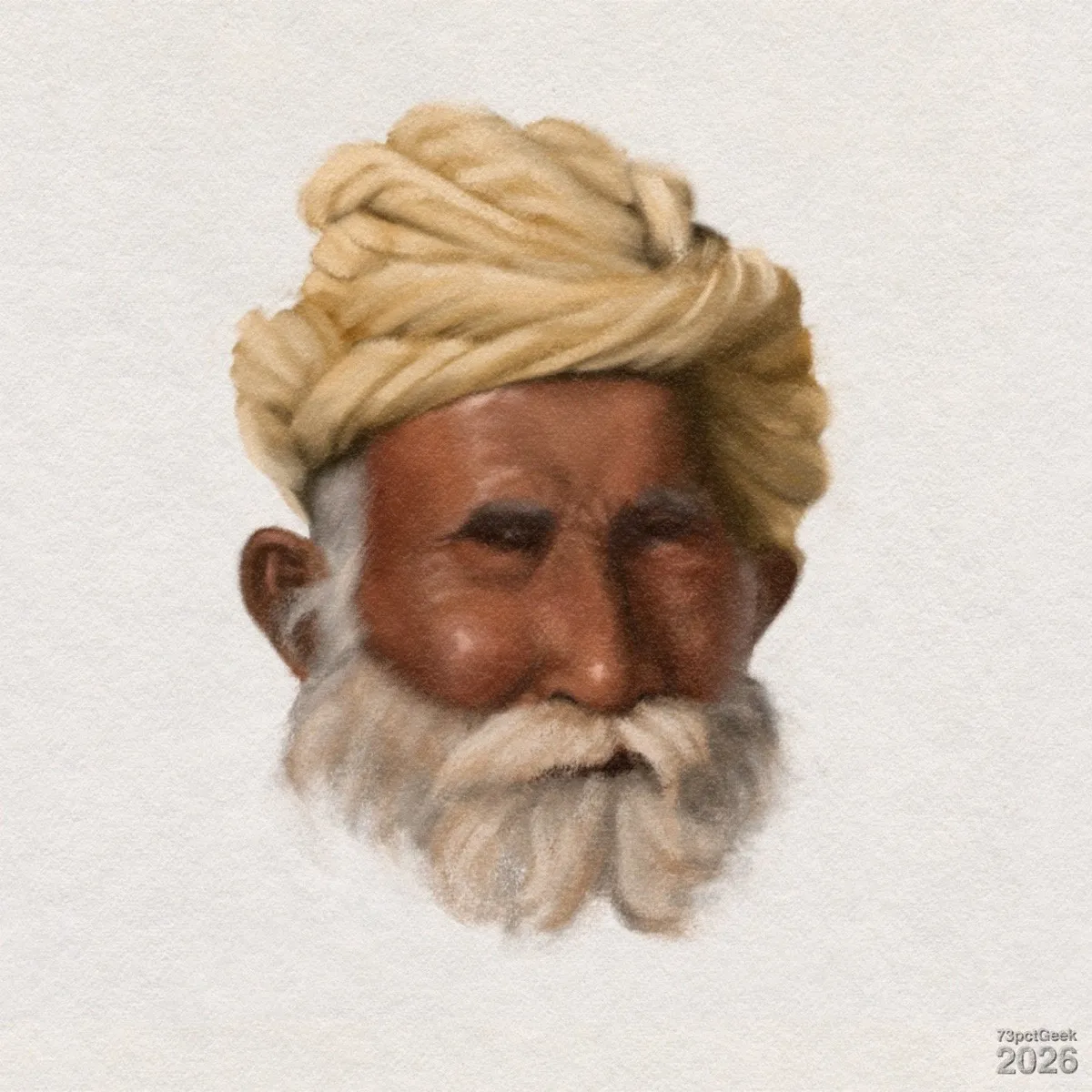 Digital painted portrait of an elderly man with a dun turban and a full white beard. He has medium-brown skin with a warm, weathered look and deep facial lines, especially around his narrowed eyes and forehead. His turban is wrapped in thick folds, a pale beige colour with shading suggesting fabric texture. His beard is thick and wavy, mostly white with a few greyish areas, extending from his cheeks and chin and tapering softly at the bottom. The ears are visible, and no clothing other than the turban and beard is shown; the image focuses only on the head. Watermarked: 73pctGeek 2026.