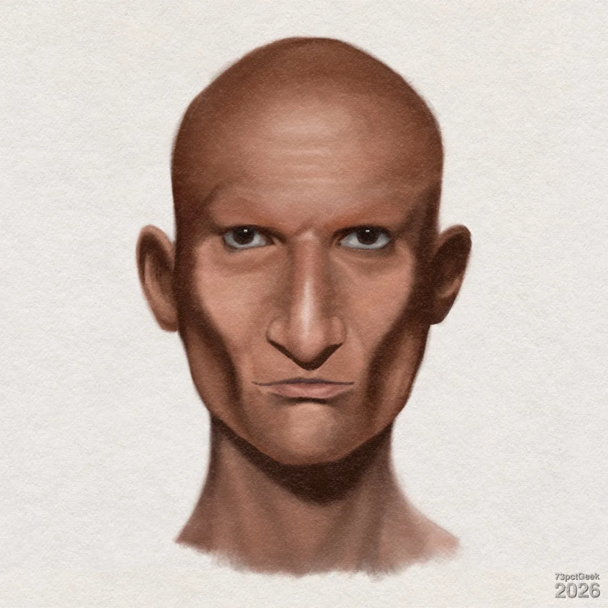 Digital portrait of a bald, medium brown–skinned man shown from the shoulders up. His head is slightly elongated with a high, smooth scalp and no facial hair, while his face has strong, angular features. He has prominent cheekbones, a narrow jaw, and deep shadows along the sides of his face. His brown eyes are almond-shaped and set under defined brows, with an intense expression directed straight ahead. His long nose is straight with a narrow bridge and slightly flared nostrils, and his mouth is small with thin lips pressed into a line. Medium-sized ears stick out slightly. Watermarked: 73pctGeek 2026