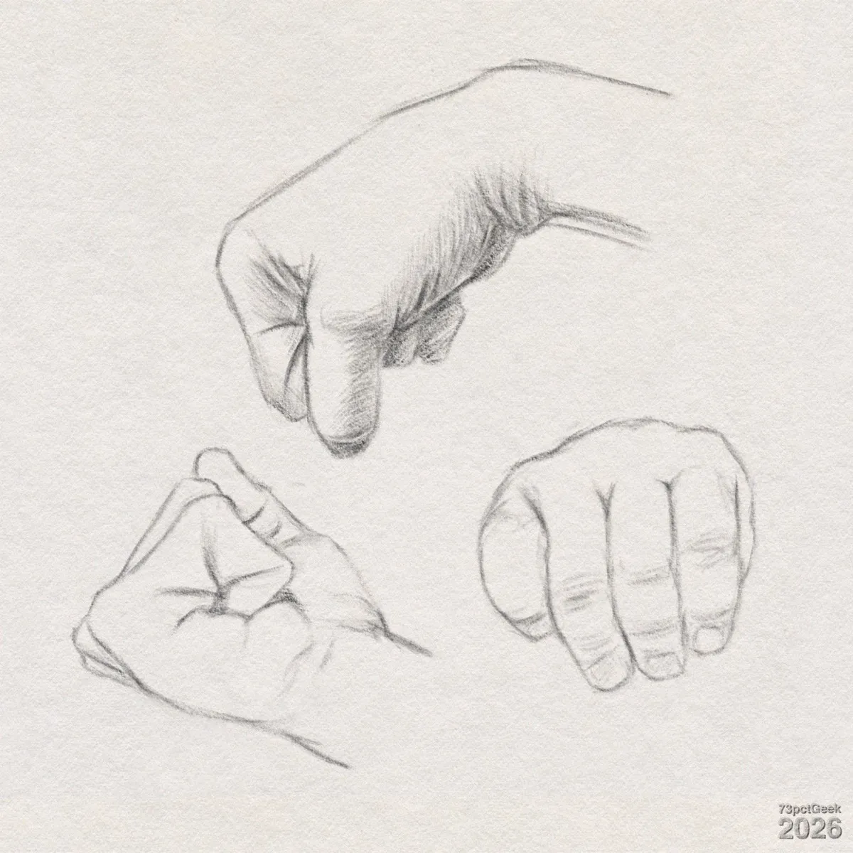 Digital graphite sketch studies of human hands in three different positions. A right hand in a loose fist, viewed from the side. The thumb is curled over the index and middle fingers, with the knuckles angled down. Shading along the back of the hand suggests subtle muscle and tendon form. Bottom left: A right hand with fingers curled inward, but the thumb is tucked in and pressed against the side of the index finger, creating a compact, almost triangular shape. The palm area is softly shaded, with lighter, less finished lines towards the wrist. Bottom right: A baby’s right hand viewed from the front of the knuckles. Four fingers are visible, bent downward so the knuckles form a rounded horizontal row. The nails are lightly indicated, and there is soft shading between the fingers and along the folds of the skin. Watermarked: 73pctGeek 2026.