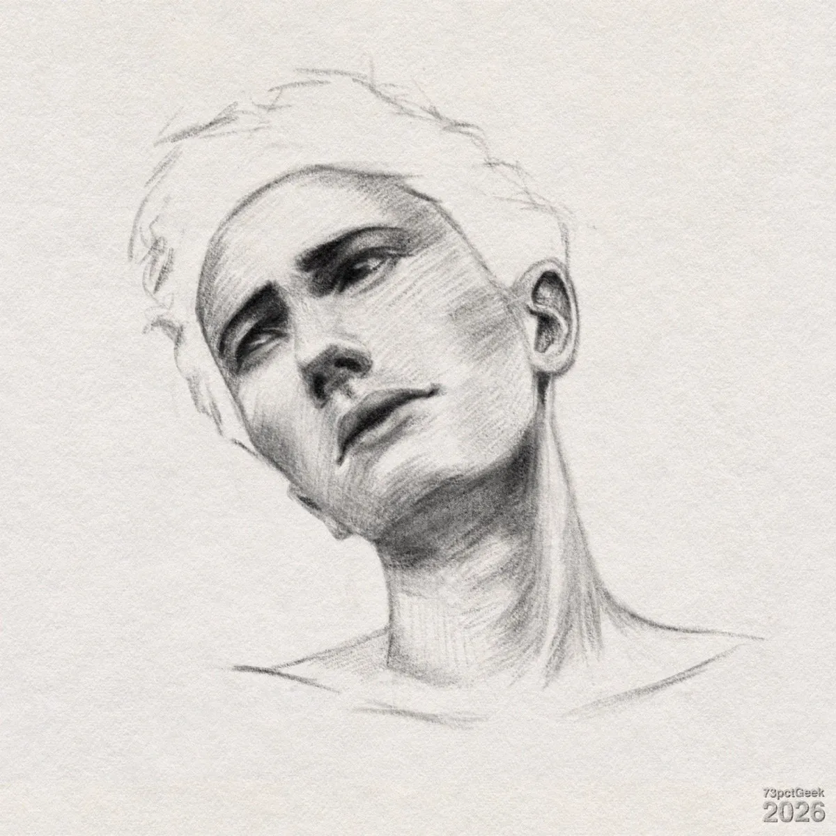 Digital graphite sketch of a young man with a tilted head. His head is slightly tilted to his right with an upwards-angled chin, looking up. He has dark eyebrows, narrowed eyes, a straight nose and barely parted lips. Short tousled hair is suggested with light loose strokes contrasting with the more heavily shaded face. Cross-hatching defines the cheekbones jawline and his long slender neck. The shoulders and upper chest are lightly suggested with a few lines. Watermarked: 73pctGeek 2026