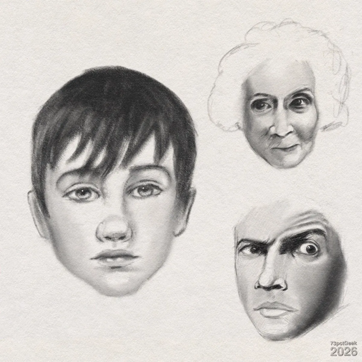 Three digital graphite sketches. Left is the face of a light-skinned boy with short, dark hair hanging forward in uneven strands over his forehead. His eyes are large, his nose is softly shaded, his mouth is closed and relaxed, and he has a rounded chin. Top right: face of an older light-skinned woman. Her hair is faintly outlined in a loose, fluffy shape. Her face has fine lines around her eyes and mouth, and her cheeks are slightly sunken. Her gaze is directed slightly to one side, and her mouth is closed with the corners turned up just a bit. Lower right: face of an adult light-skinned man. Left eyebrow is sharply raised, and his left eye is wide, giving him an intense look. The nose is prominent, and the lips are pressed together. Heavy shading along one side of his face creates a dramatic contrast between light and shadow, and the back of his head and hair are left unfinished. Watermarked: 73pctGeek 2026.