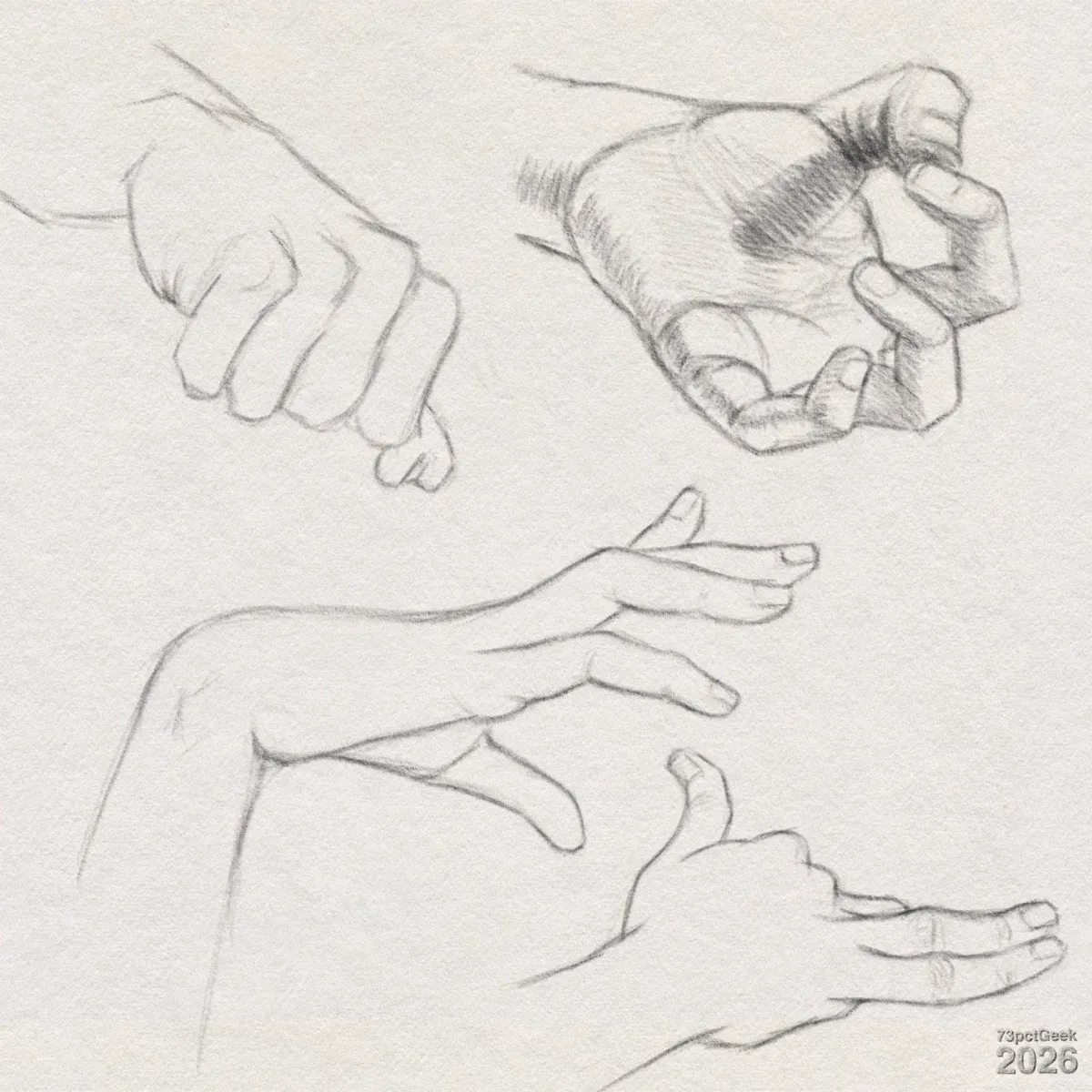 Digital graphite sketches of four hands in different positions. One hand is shaded, the rest are simple line work. Watermarked: 73pctGeek 2026