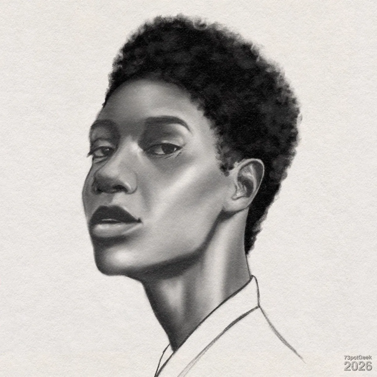 Digital graphite and charcoal portrait of a woman with dark skin and short, curly hair. The head is turned slightly to the side while her gaze is towards the viewer. Her mouth is slightly parted, and the nose and cheekbones are sharply defined with smooth shading. She has a long, slender neck with pronounced shadows emphasising its shape. A light-coloured garment with a simple collar is loosely suggested with minimal lines. Watermarked: 73pctGeek 2026