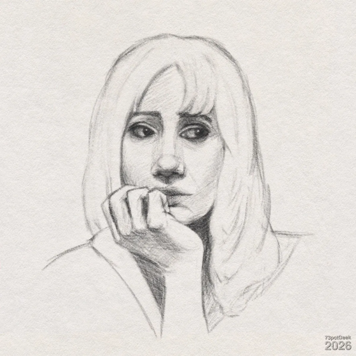 Digital graphite drawing of a woman resting her chin on her hand. Shown from the shoulders up, her gaze is directed to her left, as if looking off into the distance. Her long, straight hair frames her face and includes a short fringe that curves across her forehead. She has slightly furrowed brows and softly pressed lips, much of her mouth obscured by the hand her chin rests in. Her clothes are only lightly suggested with a simple neckline and shoulder lines. Watermarked: 73pctGeek 2026