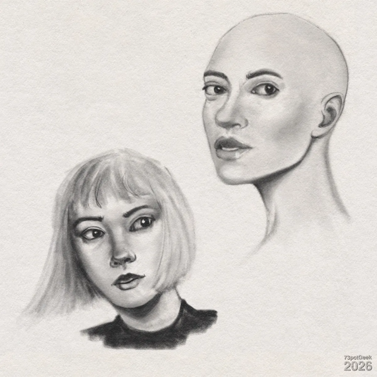 Digital graphite sketches of two different women’s heads. Right: The head and neck of a light‑skinned woman facing slightly left but turning the gaze towards the viewer. Her head is bald with smooth shading defining the skull shape. Her eyes are large, dark, and framed by arched brows. She has a narrow nose and slightly parted lips. Her jawline and long neck are slender and strongly defined by shading. Left: A smaller portrait of another light‑skinned woman from the shoulders up. She has a straight, chin‑length bob with a fringe. Her head is turned slightly to the right, with her gaze directed sideways. She has large, dark eyes, straight brows, a small and slightly upturned nose, and a barely parted mouth. She’s wearing a dark, high‑necked top. Watermarked: 73pctGeek 2026