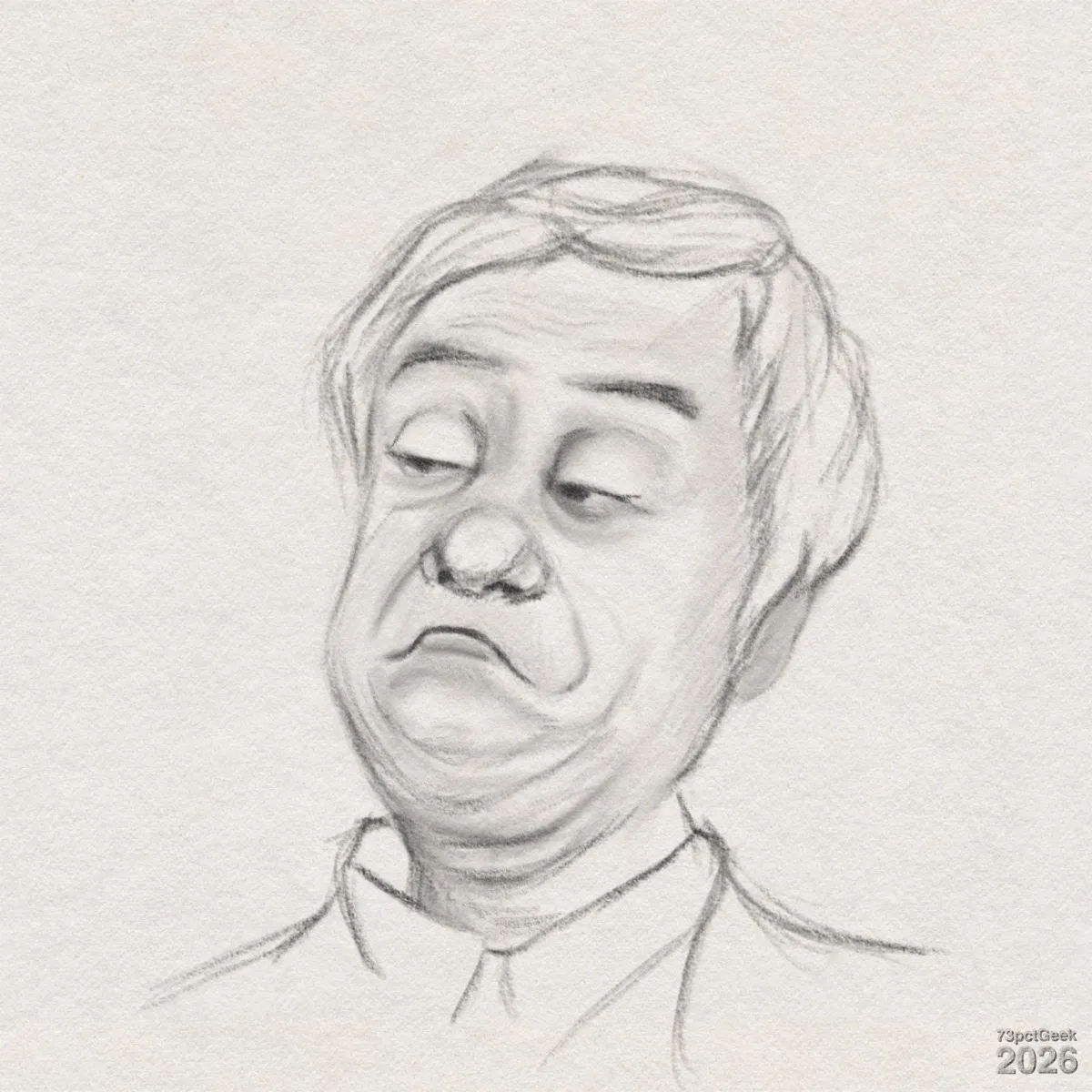 Digital graphite sketch of an older man’s face wearing a dismissive expression. His head is slightly tilted to the right, and he has short, side-parted hair and a large rounded nose. His eyelids are mostly closed, his mouth is turned down into a pronounced moue, soft wrinkles curve around his cheeks, mouth, and neck. He’s wearing a collared shirt suggested by a few simple lines. Smooth shading is focused on the eyes, nose, and folds of the skin. Watermarked: 73pctGeek 2026