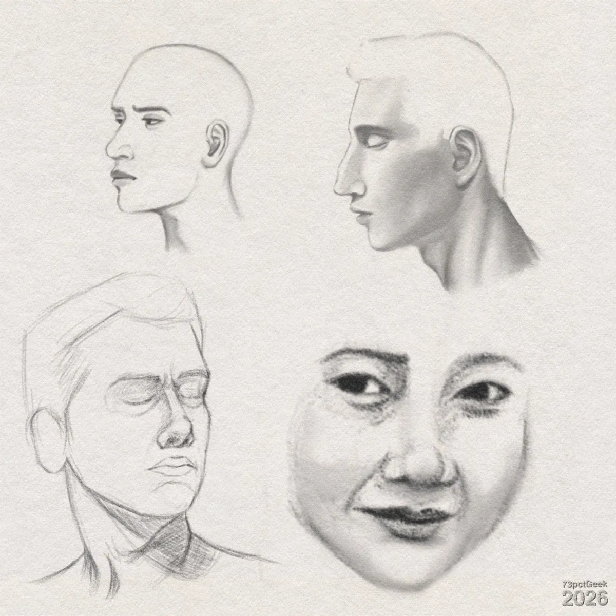 Digital graphite face studies. A bald man’s head in profile, facing left. A more detailed side view of a different man’s head facing left, with short hair, a long straight nose, fuller lips, and a strong neck. A three‑quarter view sketch of a male head, turned slightly to the right and tilted downward. The eyes are closed, the eyebrows and hairline are indicated with simple lines, and most facial features and the neck are outlined with minimal shading, giving this one an unfinished appearance. A front close-up view of a woman’s face is more detailed than the others, but is left unfinished. Watermarked: 73pctGeek 2026