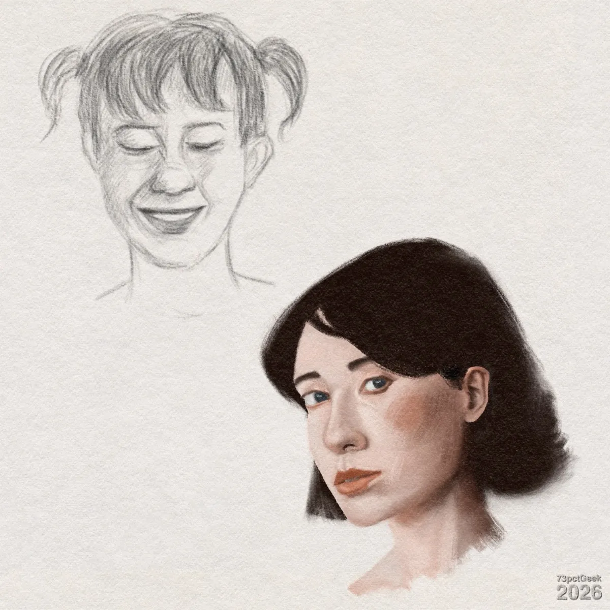 Two digital portraits. A simple graphite sketch of a young girl from the shoulders up. Her head is slightly tilted, with short hair pulled into two small pigtails high on each side. Her eyes are closed and the mouth is open in a wide, relaxed smile. A colour portrait of a young woman’s head and upper neck, turned slightly to her right. She has light skin with warm reddish shading on the cheeks and nose, soft blue eyes, and a relaxed mouth. Her eyebrows are dark and defined, and her straight dark-brown hair is cut to about chin length, framing the face and tapering into the background. Watermarked: 73pctGeek 2026.