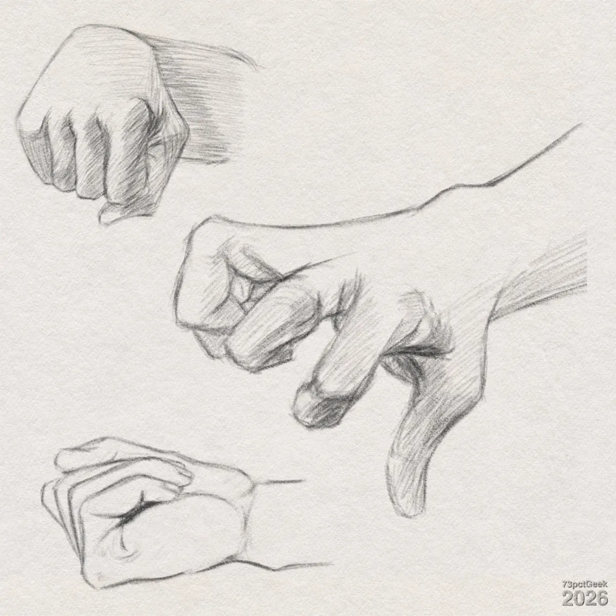 Digital graphite sketches of three different hands in various poses. Watermarked: 73pctGeek 2026