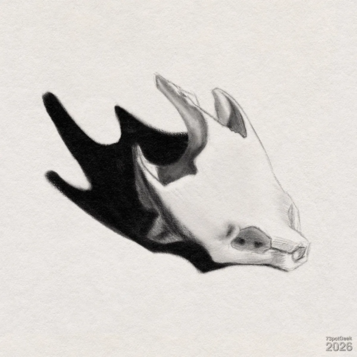 Digital graphite sketch of an animal skull. The skull is light grey with smooth, simplified surfaces and three prominent, slightly curved horns rising from the top. The front tapers into a short snout with an angular, hexagon-like opening at the tip. A solid black shadow extends dramatically to the left, with three long, pointed projections that create a strong contrast against the pale background. Watermarked: 73pctGeek 2026.