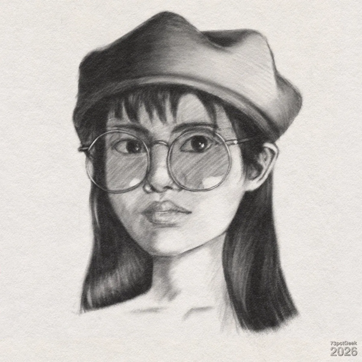Digital graphite sketch of a young woman wearing a beret and large round glasses. Her skin is shaded with light and mid‑tone graphite; shadows falling along the right side of the face, under the nose, and beneath the lower lip. Her eyes are large and dark, and there are distinct reflections on the lenses of the glasses. The glasses have thin, round frames and prominent highlights. She has straight dark hair falling past her shoulders, with a short, choppy fringe. The beret is a soft, slightly slouched shape that sits low on the forehead. Watermarked: 73pctGeek 2026
