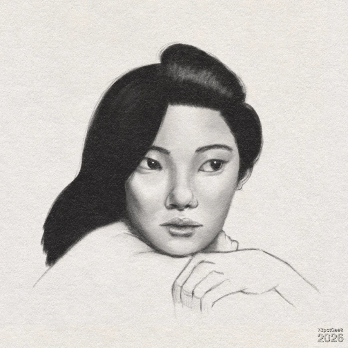 Digital graphite sketch of a young woman with straight, dark, shoulder-length hair. She has the top swept smoothly back from her forehead in a large curved wave, the rest falling over one side. Her skin is light and shaded in an attempt to create realistic depth around the eyes, nose, and lips. Her gaze is directed off to her left, and her lips are closed. Her chin rests on her left hand, which is draped over her upper right arm. The hands are more lightly sketched than the face. Watermarked: 73pctGeek 2026.