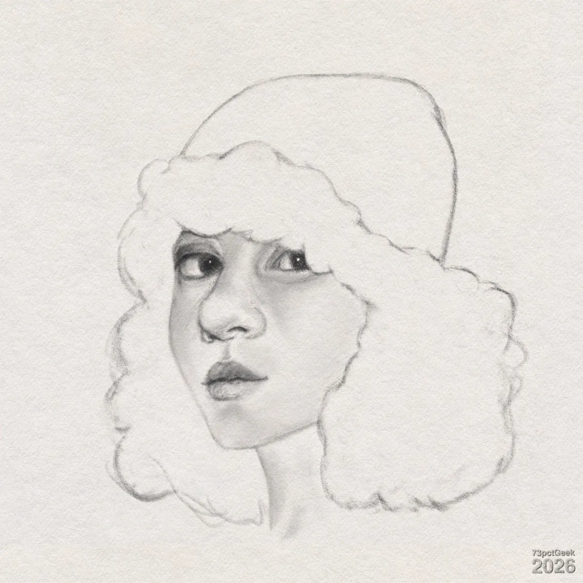 Digital graphite sketch of a young woman wearing a beanie. She is shown from slightly below and turned three-quarters to the left, as she looks off to the right. The skin is softly shaded, especially on her cheeks, nose, and under her large, dark eyes. Fluffy forms extend from under the hat and continue down both sides of her head, suggesting thick, curly hair. Watermarked: 73pctGeek 2026.