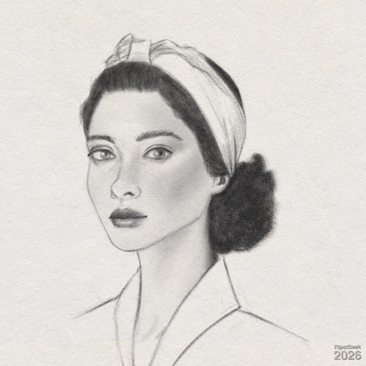 Digital graphite sketch of a woman. She has light skin and an oval face with softly shaded cheekbones and a defined jawline. Her eyes are dark with subtle shading around the lids and her dark, straight brows. Her lips are full and shaded darker, giving the impression of lipstick. Her hair is dark; the front portion is smooth and pulled back under a headscarf, while the back forms a rounded, voluminous shape at the nape of her neck. A headscarf is wrapped around her head and knotted at the top. A simple garment with a V-shaped neckline and a collar is suggested. Watermarked: 73pctGeek 2026.