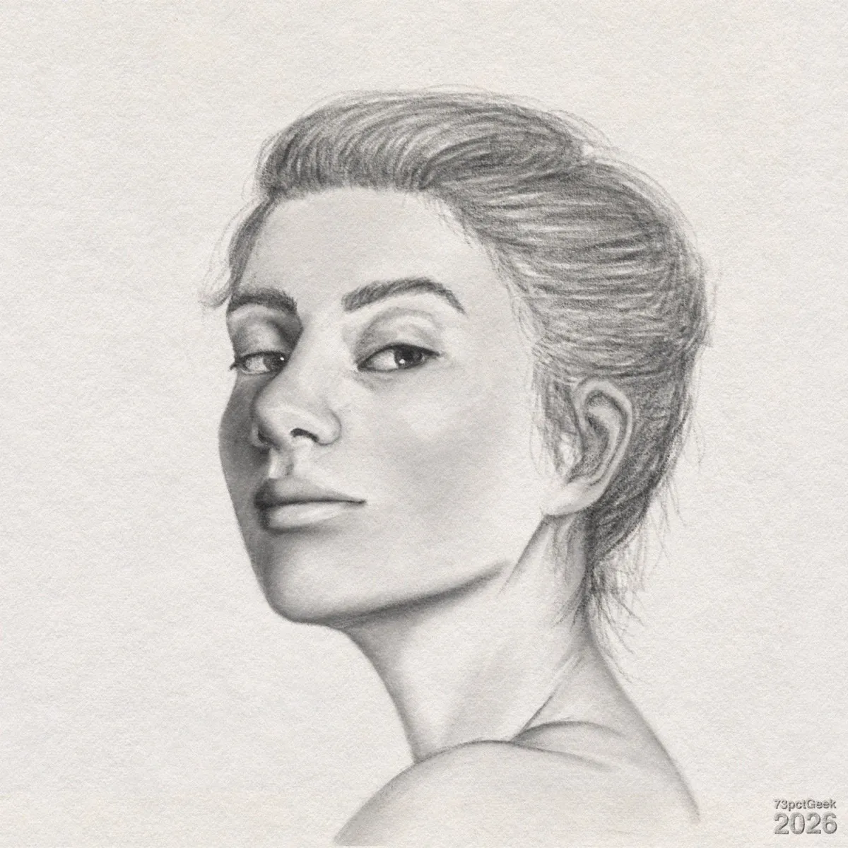 Digital graphite sketch of a young woman in three-quarter view, facing left with her head turned slightly back toward the viewer. Her expression is calm, with eyes half narrowed and lips gently closed, giving an almost knowing look. She has light skin, with soft shadows along cheekbones, nose, and under the jaw. Her brows are thick, slightly arched, and her eyes are dark. Her nose is straight with a softly rounded tip, and her lips are full, with light shading that suggests volume. Her jawline is sharp and angular, leading into a long, slender neck with subtle muscle definition. Her hair is pulled back into a loose bun, with fine pencil lines suggesting individual strands and a slightly wispy texture around the hairline. Her shoulders are bare and fade softly into the paper. Watermarked: 73pctGeek 2026.