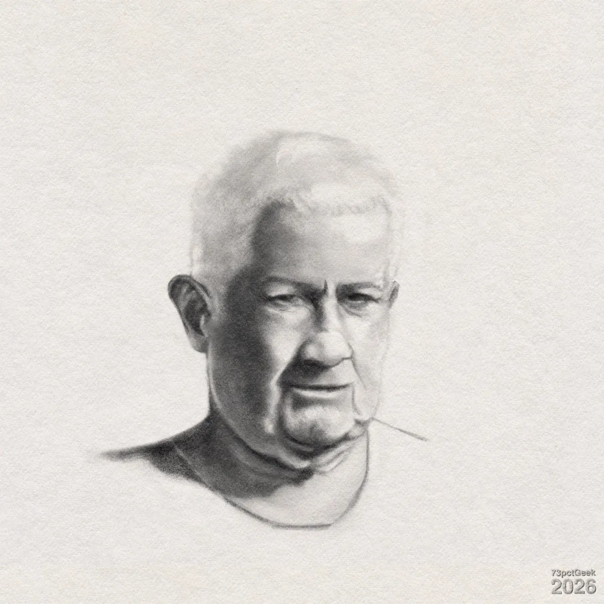 Digital graphite portrait of an older man with light skin and short, straight hair that is very light in colour, almost white, with a soft, slightly fuzzy outline at the top of his head. His face is turned slightly to his right, with narrow eyes, a straight nose, and a small, closed mouth that curves a little downward, giving a serious expression. There are visible age lines on his face, and his cheeks and chin are rounded, with shading suggesting a fuller neck and slight double chin. His shoulders and upper chest fade into the background. Watermarked: 73pctGeek 2026.