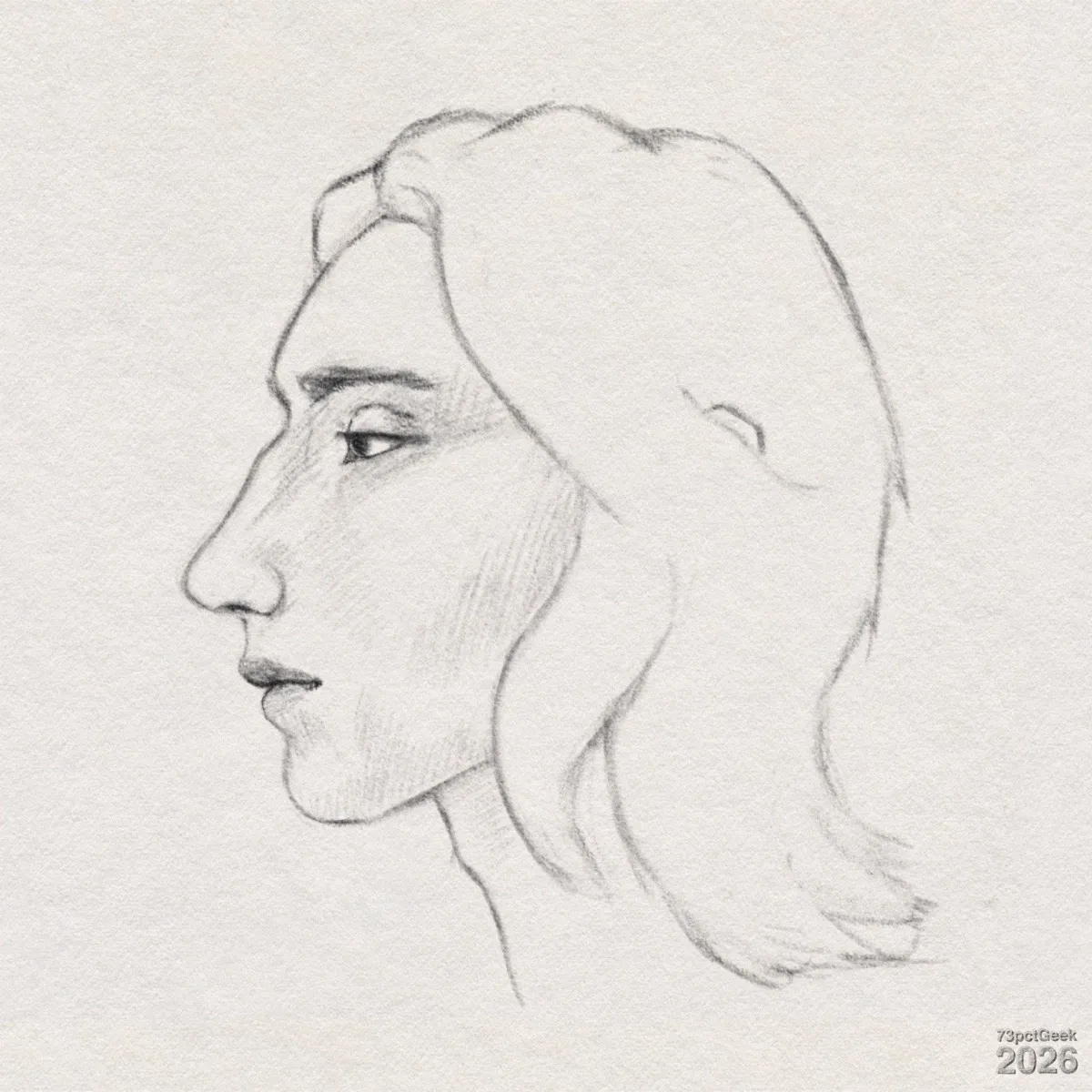Digital graphite sketch of a man’s head and neck in profile facing left. His face is long and narrow with a prominent, curved nose and a slightly pointed chin. The cheek and jaw have light shading to suggest bone structure and a slender face. His hair is medium length, wavy, and flows back from the forehead, with loose strands resting along the neck. Watermarked: 73pctGeek 2026.