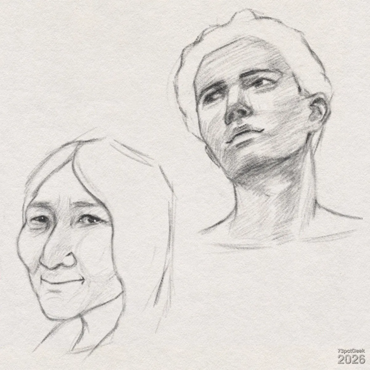 Quick digital graphite sketches of two human heads. Left: an older woman shown from the shoulders up. Her head is turned slightly to the right. She has long, straight hair falling around her face in simple lines. Her face is elongated with prominent cheekbones, a large rounded nose, and a gentle smile. Wrinkles are suggested around her eyes and mouth with fine pencil lines, giving her a kind, weathered expression. Right: a younger man shown from the upper chest up. His head is tilted slightly upwards and to the left. He has short, wavy hair, straight eyebrows, and deep-set eyes. His nose is straight, and his lips are closed with a neutral expression. Shading defines his features. Watermarked: 73pctGeek 2026.