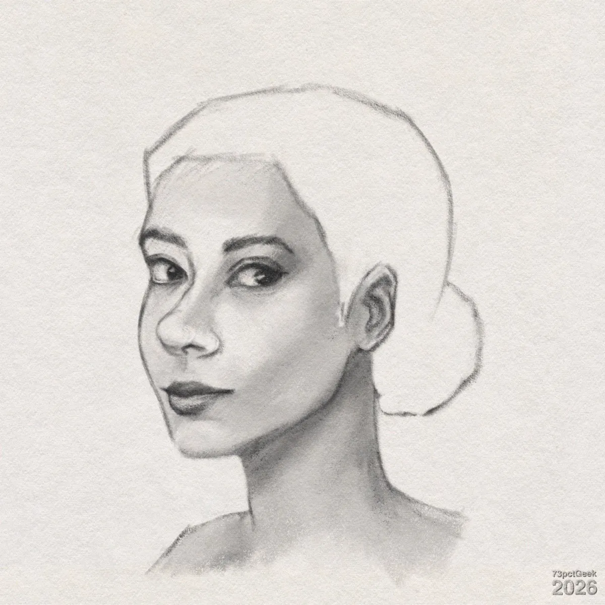 Digital graphite sketch of a woman in three-quarter view facing left. Her skin is lightly shaded with gentle shadows under the cheekbones, chin, and neck. She wears a calm expression, with a slight, subtle smile. Her eyes are almond-shaped, looking slightly towards the viewer, and her brows are dark and gently arched. Her nose is straight with a softly rounded tip, and there is a delicate shadow along the bridge and under the nostrils. Lips are full and slightly parted, shaded more darkly, giving the impression of lipstick. Her hair is only lightly sketched as an outline, without detailed strands. It appears swept back from the forehead and gathered into a low bun at the back of the head. The shoulders and upper chest are suggested with minimal shading that fades into the paper at the bottom. Watermarked: 73pctGeek 2026.
