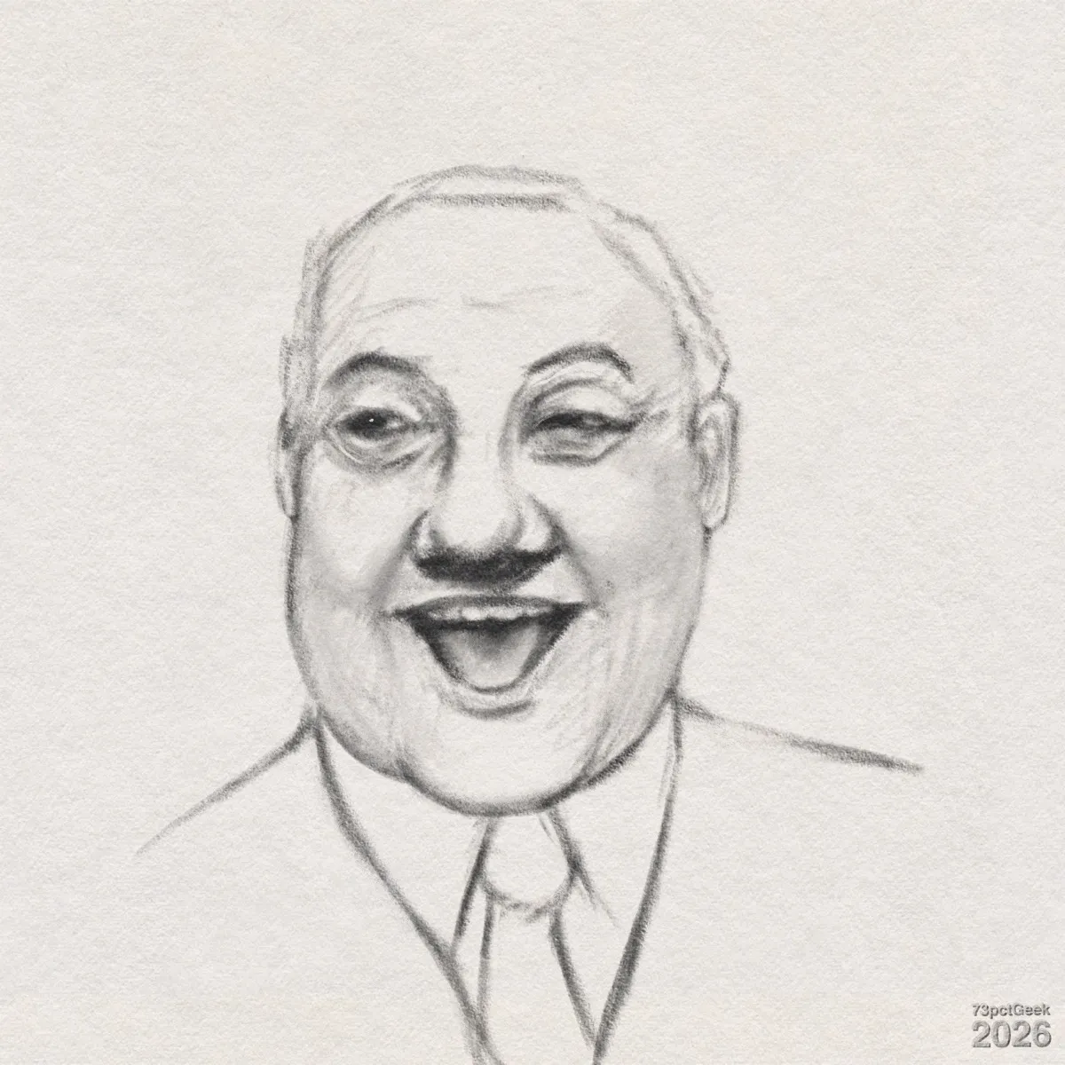 Digital graphite sketch of a smiling man’s face and upper shoulders. He has a round, full face with light skin and a receding hairline, with very short hair sketched faintly. His mouth is open in a wide, cheerful smile, showing the upper teeth and a darkly shaded inside of the mouth. His eyes are slightly narrowed, with one eyelid drawn more closed than the other, giving an expressive, laughing look. His nose is broad with shading underneath to suggest depth, and there are light lines around the mouth and under the eyes hinting at age or expression lines. He wears a collared shirt with a tie and a suit jacket, all suggested with simple lines. Watermarked: 73pctGeek 2026