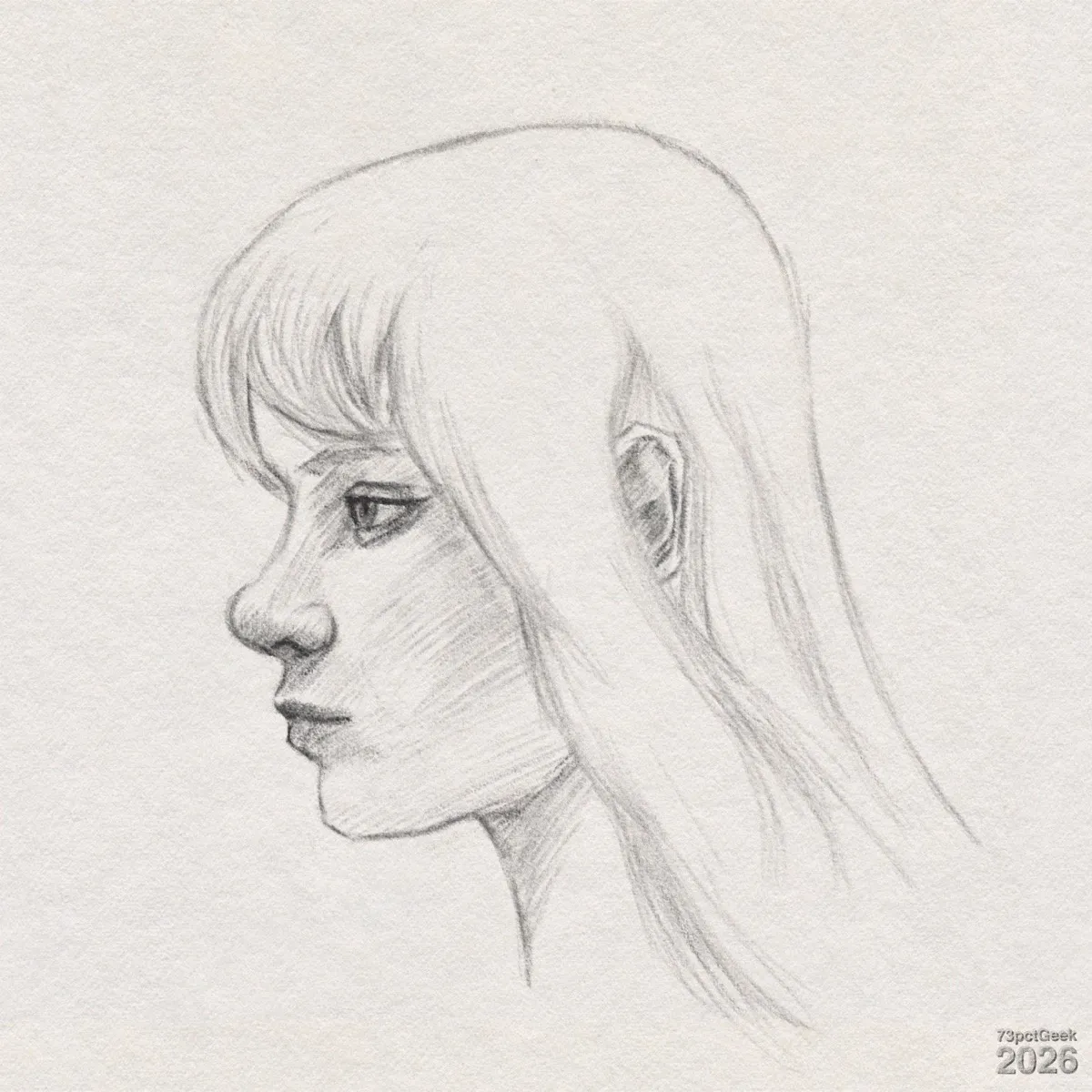 Digital graphite sketch of a young woman’s head in profile, facing left. She has straight, long hair that falls down her back, with a fringe framing her forehead. Her eye is almond-shaped with a dark upper lash line, and the brow above it is delicately arched. She has a prominent, slightly upturned nose and full, closed lips, giving her a slightly serious expression. The jawline is smooth and leads to a slender neck. Light hatching adds shadows along the cheek, under the nose, and beneath the chin and neck. The ear is visible, partly framed by hair. Watermarked: 73pctGeek 2026.