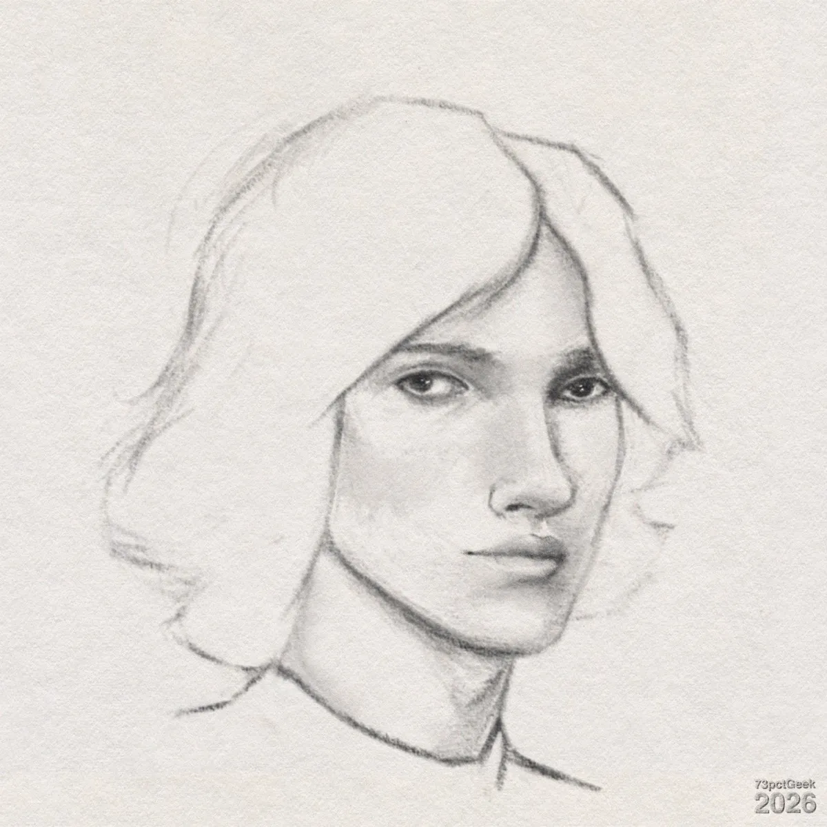 Digital graphite sketch of a young man with longish hair. His features are androgynous: straight nose, full but relaxed lips, and large, almond-shaped eyes with dark pupils and light shading suggesting eyelids and lashes. His expression is neutral. His hair is shoulder-length, parted in the centre, and flows outward in loose, wavy sections, sketched with light lines. Shading on the cheeks, under the eyes, and along the neck gives a gentle three-dimensional effect, while much of the hair and clothing is only lightly suggested, fading away. Watermarked: 73pctGeek 2026.