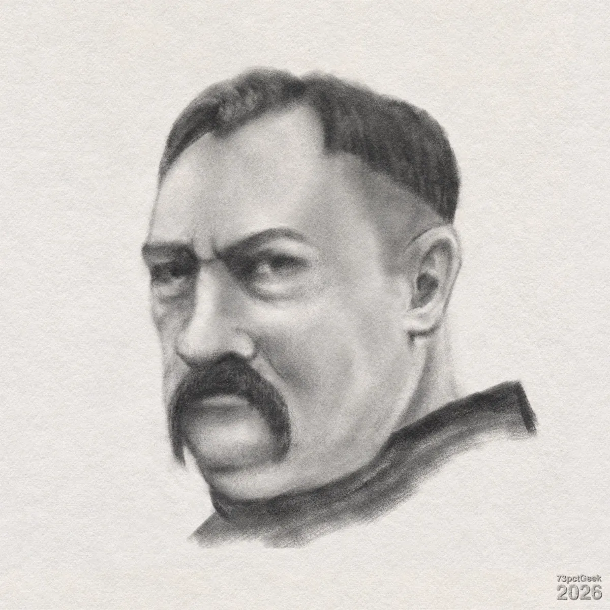 Digital graphite sketch of a light-skinned man’s head and neck shown in three-quarter view facing left, with a stern expression and furrowed brows. He has short, dark hair that is cropped very closely on the sides and longer on top, combed slightly to his left. His eyebrows are thick and straight, angled downward towards the centre, enhancing the scowl. His eyes are narrow and he has a broad nose and pronounced cheekbones, with smooth shading that emphasises the structure of his face. A thick, dark moustache curves downward around his mouth and extends towards his jawline, with no other facial hair visible. His neck is strong and thick, leading into the high, dark collar of a simple garment indicated with minimal detail. Watermarked: 73pctGeek 2026.