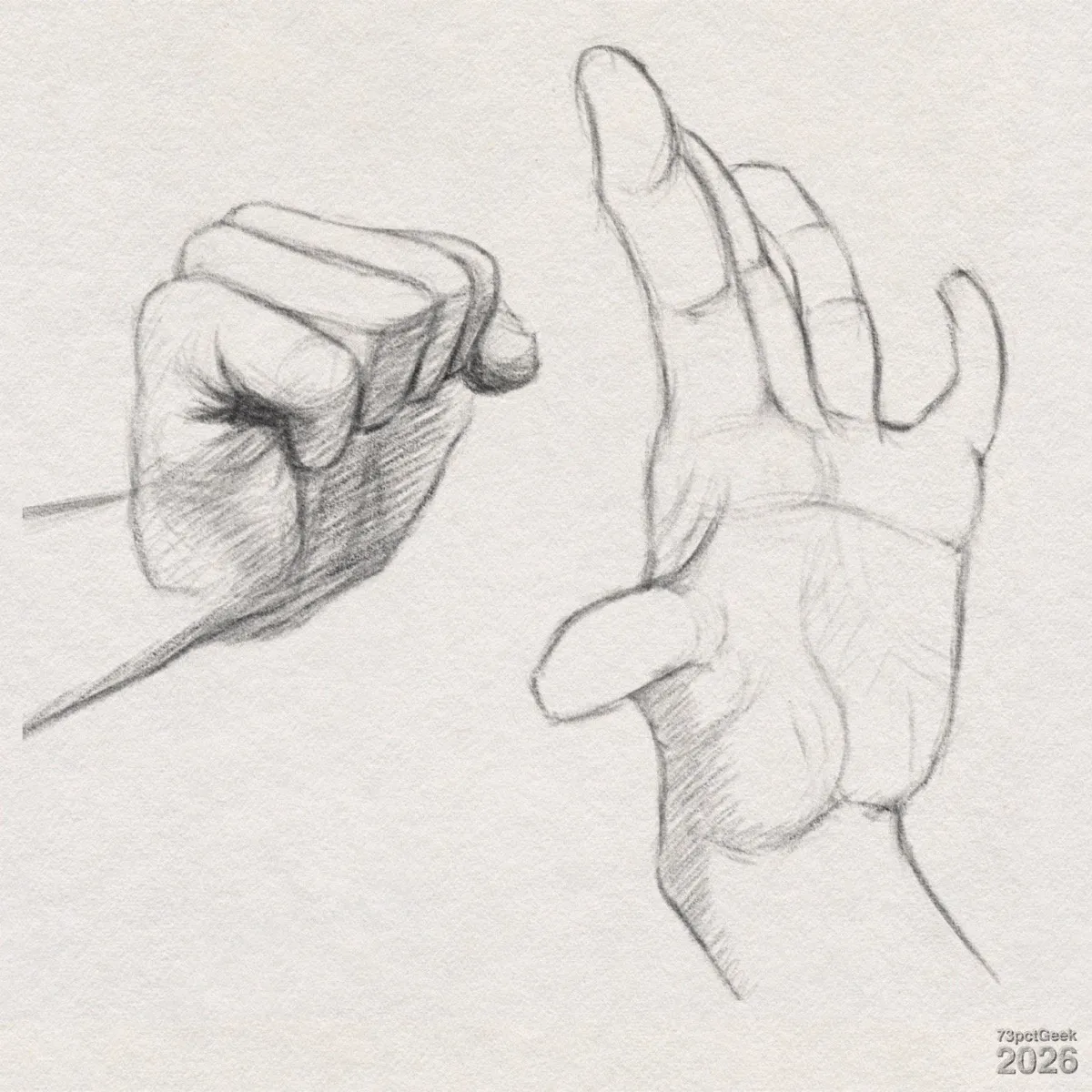 Digital graphite sketch of two human hands. On the left, a hand is drawn in a side view forming a fist. On the right, a second hand is shown open with the palm facing the viewer and the wrist pointing downward. Watermarked: 73pctGeek 2026.