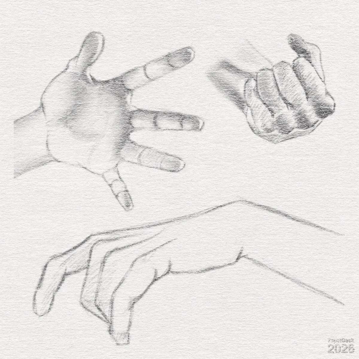 Digital graphite sketch of three human hands. On the right, a hand is drawn front on, forming a fist. On the left, a second hand is shown open with the palm facing the viewer. At the bottom, a third hand is shown in side view, palm down, fingers relaxed. Watermarked: 73pctGeek 2026.