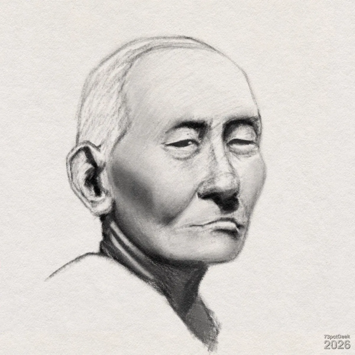 Digital graphite sketch of an older man shown from the shoulders up in three-quarter view, facing slightly to the right. He has close-cropped hair and narrow, almost closed eyes, angled slightly downward at the outer corners. Clothing is loosely suggested with soft, minimal lines at the shoulders, leaving most of the focus on the face. Watermarked: 73pctGeek 2026.