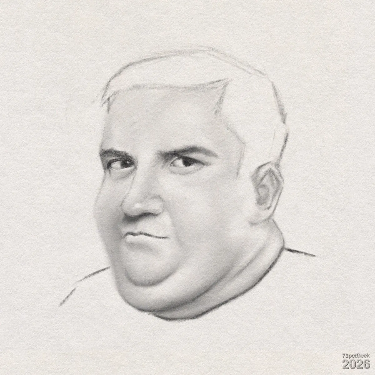 Digital graphite sketch of a man with a round, full face, drawn from the shoulders up, turned slightly to his right. He has light skin and very short, straight hair sketched simply with soft lines. He has pronounced cheeks, a double chin, and a small, pursed mouth. His eyes are shaded darkly with defined pupils and dark brows that angle slightly downward toward the centre. His neck is thick and shaded to emphasise its roundness and the fold of the chin above it. Clothing is merely suggested with a few faint lines at the shoulders and neckline. Watermarked: 73pctGeek 2026.
