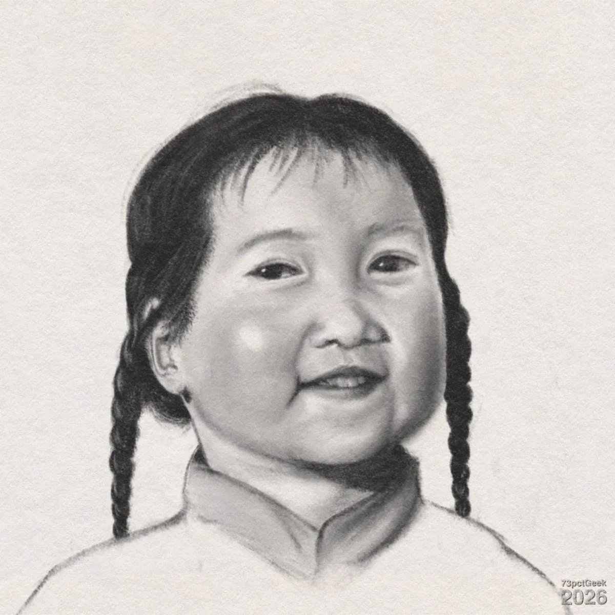 Digital graphite sketch of a young girl with two plaits, seen from the shoulders up, facing slightly to the right with her head turned towards the viewer. She has medium-toned skin, full cheeks, and a small smile showing a few teeth. Her eyes are gently narrowed in a relaxed, cheerful expression. Her dark hair is parted near the centre, with a short, wispy fringe across her forehead and two neat braided pigtails hanging down on either side of her face. She is wearing a simple high-collared top. Shading under the chin and along the sides of the face gives a three-dimensional look, with highlights on the cheeks and nose. Watermarked: 73pctGeek 2026.