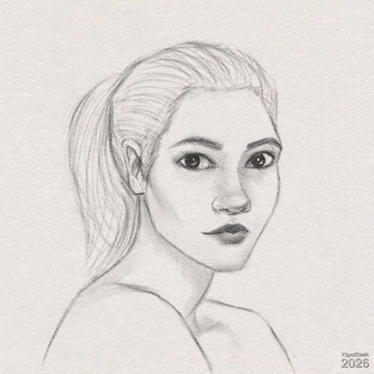 Digital graphite sketch of a young woman drawn from the shoulders up, turned slightly to her left with her head facing forward. Her expression is neutral, with full lips and large, dark, rounded eyes. Her brows are softly arched and shaded, and the nose is slender with gentle shading along the bridge and tip to suggest depth. Her hair is pulled back into a ponytail; many fine pencil lines follow the direction of the hair, giving it a smooth, combed-back look with some volume at the top. The neck is long and lightly shaded to show form, and the shoulders are only loosely sketched with minimal detail, fading toward the bottom left corner. Shading on the face is soft and subtle, mostly around the eyes, cheekbones, and under the chin. Watermarked: 73pctGeek 2026