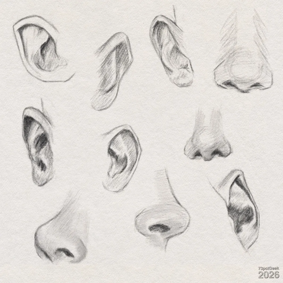 Digital graphite sketches of six human ears and four noses. All are simple line and shading studies. Watermarked: 73pctGeek 2026